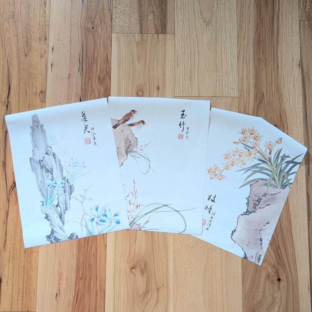 3 pc Elegant Chinese Ink Canvas Paper Print Art Set